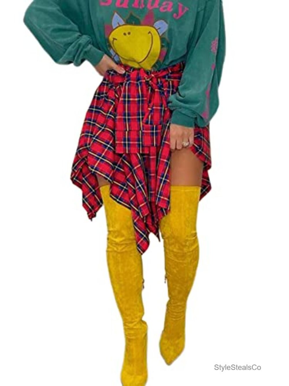 Womens Plaid Print High Waist A-Line Mini Skirt with Belt Irregular Hem